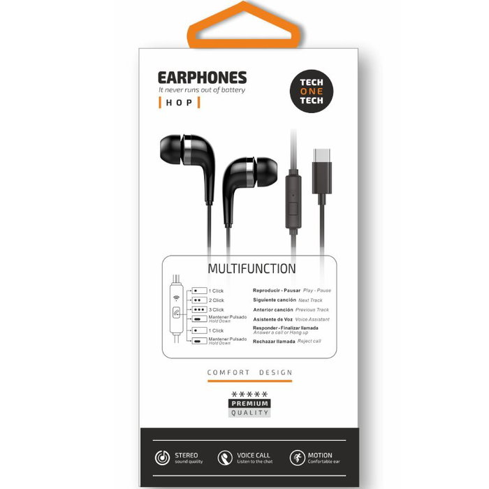 Tech One Tech Hop TEC1305 Auriculares Intraurales USB-C Negros
